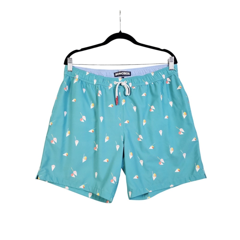 Bonobos Mens Riviera Swim Trunks 7" Inseam Size Large Teal Snow Cone Print Lined